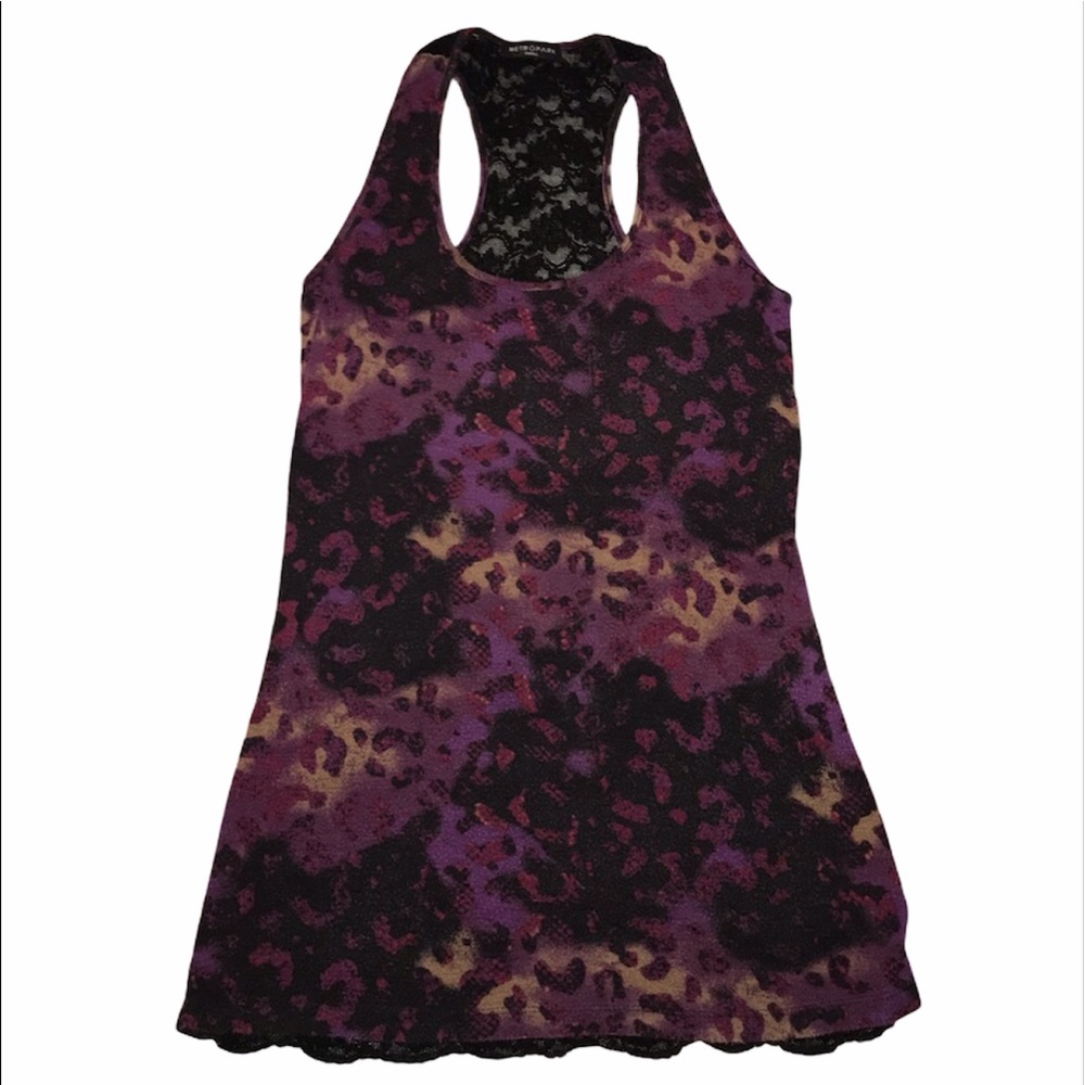 METROPARK purple black cheetah mesh lace tank top size small